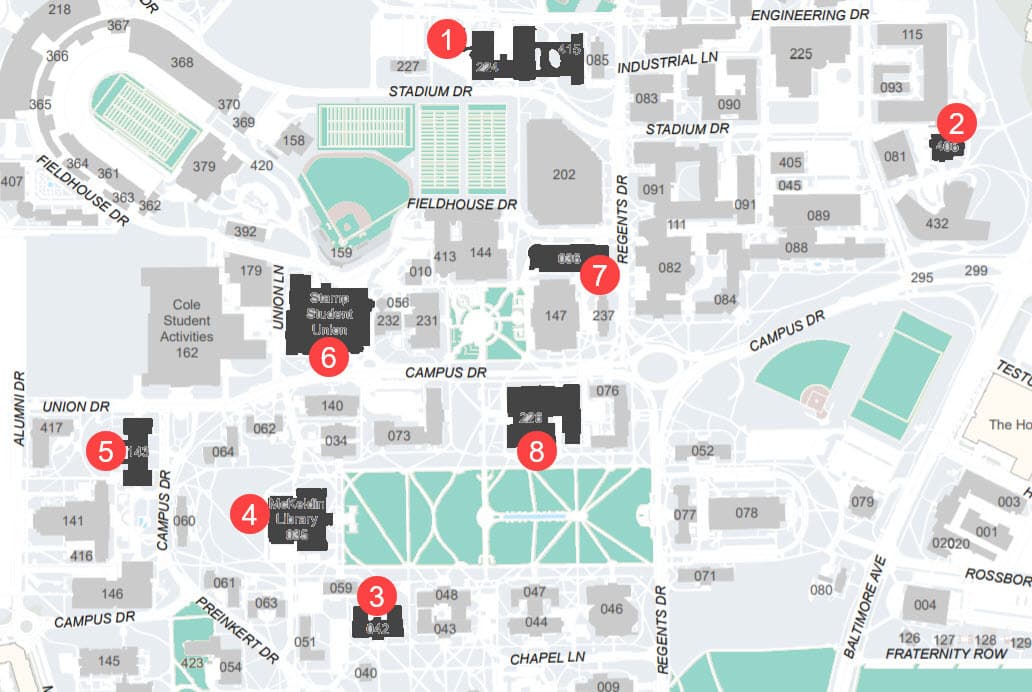 Map showing 8 buildings at UMD that feature One Button Studios